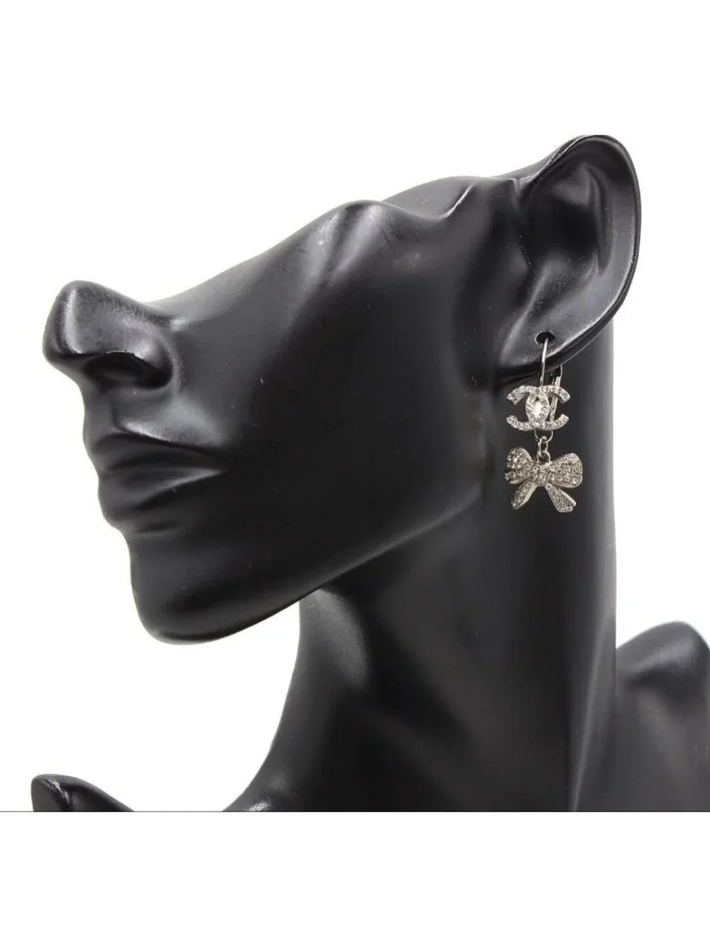 Chanel CC Logo Ribbon Rhinestone Swing Earrings